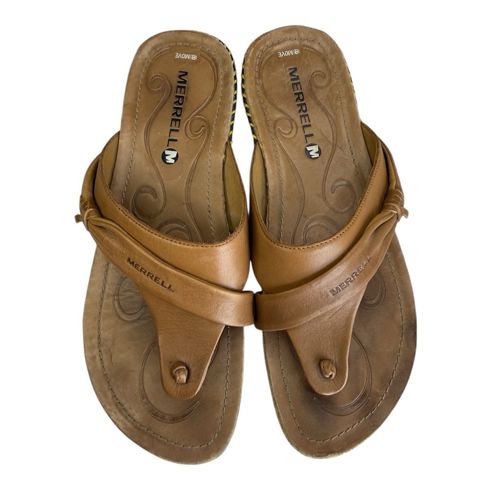 Merrell Whisper Tea Leaf Tooled Leather Thong Flip Flop Tan Sandal US 9